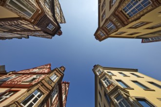 Four towers, ensemble of four historic buildings, view from bottom to top, Old Town, Koblenz,