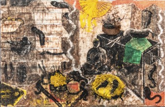 Chinese still life with Buddha, 1985, mixed media on canvas, exhibition Miquel Barcelo, Vida y