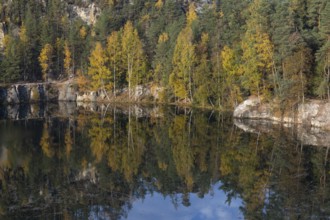 Adršpašské pond, lakeshore with trees and rocks on a sunny day in autumn, Dolní Adršpach, 549 57