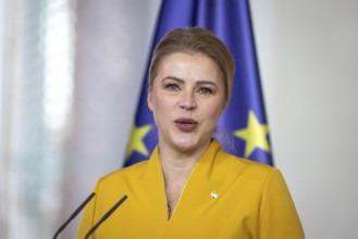 Evika Silina, Prime Minister of Latvia, at a press conference at the Chancellery in Berlin, 27