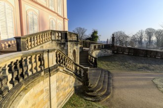Staircase at the Fasanenschlößchen, in the background the Moritzburg lighthouse, Saxony, Germany,