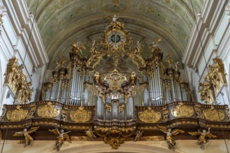 Church organ of the baroque parish church Mariahilfer Kirche in Vienna, Austria, Europe
