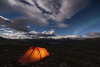 Tent in mountain landscape, Sarek National Park, World Heritage Laponia, Norrbotten, Lapland,