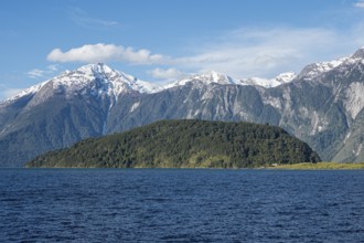 Mountain range at southern shore of Lake Lago Yelcho, along road 235 connecting Futaleufu with the