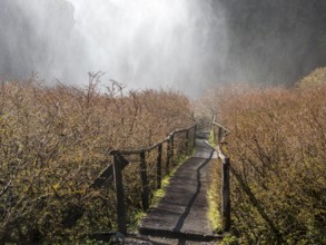 Waterfall Salto El Leon, path leading behind water veil, valley of waterfalls east of Pucon, La