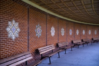 Walkway of the Moorish Garden, benches, Wilhelma, Zoological-Botanical Garden, Stuttgart,