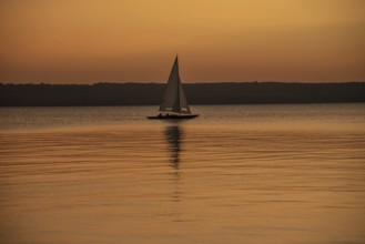 Sailing boat in the sunset with sunset on the Lake Ammer near Herrsching, Bavaria, Germany, Europe