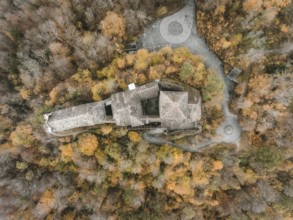 Aerial view of Hohenklingen Castle above Stein am Rhein on a foggy autumn day, Canton Schaffhausen,