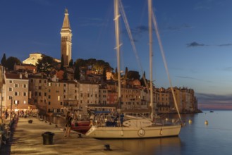 Harbour in the old town with Sveta Eufejima church, Rovinj, Istria, Croatia, Europe