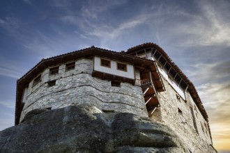 Orthodox Monastery of St Nikolaos Anapavsas, Meteora, evening sky, Thessaly, Greece, Europe