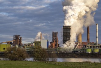 Industrial backdrop of the ThyssenKrupp Steel steelworks in Duisburg-Bruckhausen, on the Rhine,