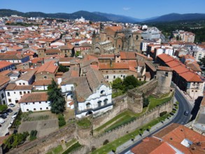 Historic buildings with red tiled roofs and castle walls in a town on a sunny day, aerial view,