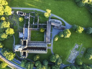 Top Down over Kirkstall Abbey from a drone, Kirkstall, River Aire, Leeds, West Yorkshire, England,