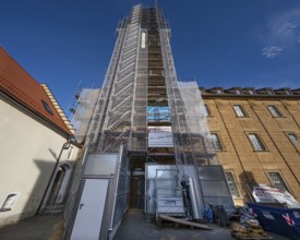 Scaffolding on the tower of the baroque St Boniface's Church, Weißenohe, Upper Franconia, Bavaria,