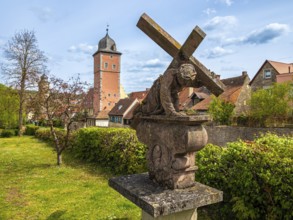 Historical houses in downtown Ochsenfurt at river Main, Bavaria, Germany, Europe
