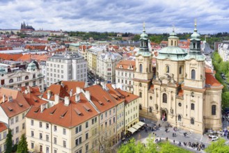 Aerial view of St. Nicholas Church, Castle and the Prague Cathedral, Prague, Bohemia, Czech