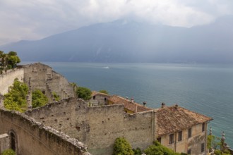 View over the Limonaia del Castèl to Lake Garda, Limone sul Garda, Lombardy, Italy, Europe