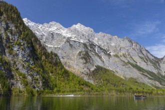 Passenger boat on the Königssee, Waltzmann group, mixed forest, rock, mountain, Berchtesgadner