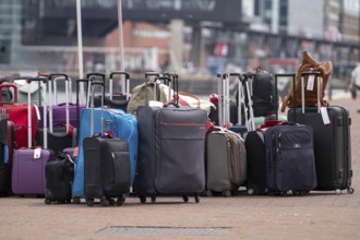 Luggage waiting to be loaded onto river cruise ships at Viking Cruise Port Amsterdam, Netherlands