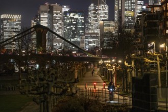 Skyline of the city centre of Frankfurt am Main, cyclist with light on the cycle path, pavement,