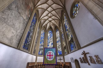 Chancel with Lenten cloth in the late Gothic St John's Church, Obere Kirchgasse, Kitzingen, Lower
