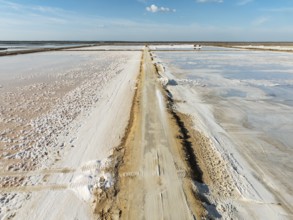 The Bonanza salt works near Sanlúcar de Barrameda. Aerial view. Drone shot. Cádiz province,