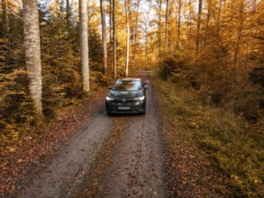 Car standing on a forest path, surrounded by autumn trees and leaves, electric car, VW ID5,