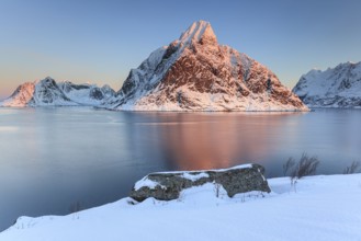 Snow-covered mountains reflected in the fjord at sunrise, winter, Reine, Moskenesoya, Lofoten,