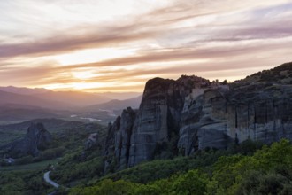Sandstone formations at sunset, backlight, Meteora, Thessaly, Greece, Europe