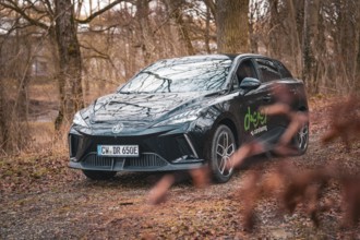 Black electric car parked in autumn forest, e-car sharing vehicle from Deer Mobility, Gechingen,
