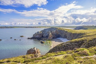 Scenics view at a rocky coastline with sea bays on the french west coast from a heath a sunny