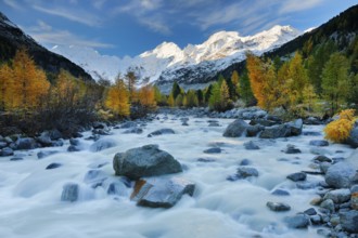 Morteratsch Valley with Piz Palue, Piz Bernina, Piz Morteratsch and the course of the river Ova da