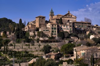 View of the mountain village of Valldemossa, Church Iglesia de la Cartuja, Real Cartuja (Royal