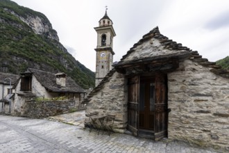 Typical Ticino stone houses and church in the village of Sonogno, Verzasca Valley, Valle Verzasca,