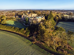 Berkeley Castle from a drone, Berkeley, Cotswolds, Gloucestershire, England, United Kingdom, Europe