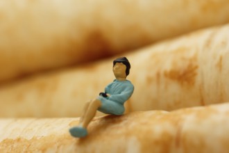 Miniature figure of a woman sitting on parsley root (Petroselinum crispum), root parsley, North