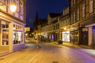 Half-timbered houses in the Westernstraße, in the background the Westerntorturm, shopping street at