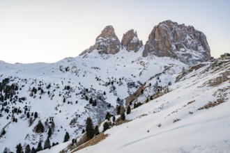 Beautiful landscape of the Mountain silhouettes of the Sexten Dolomites on a sunny winter day,