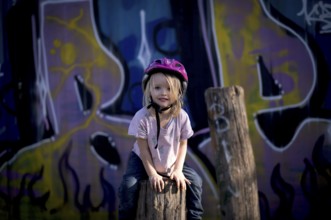 Little girl, 3 years, blonde, climbing, post, climbing facility, climbing frame, in front of wall