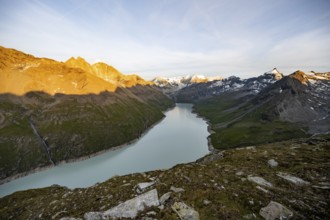 Picturesque mountain landscape at the summit Mont de la Blana at sunset, view of blue mountain