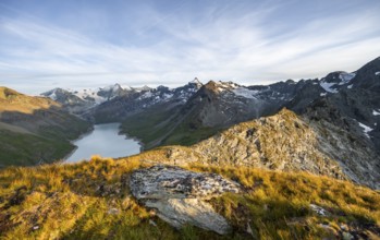 Picturesque mountain landscape at the summit Mont de la Blana at sunset, view of blue mountain
