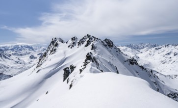 View of mountain panorama with mountain peaks of the Bernina group, mountain landscape in winter on
