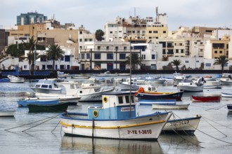 Fishing boats in Charco de San Ginés harbour, lagoon in La Puntilla district, Arrecife, Lanzarote,