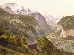 Lauterbrunnen Valley and Jungfrau, Bernese Oberland, Switzerland, Historic, digitally restored