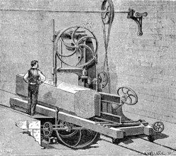 Sawmill, woodworking, band saw from 1880, historical, digital reproduction of an original from the