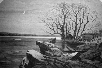The flooding of the Vistula, here near Thorn, 1885, Poland, Historical, digital reproduction of an