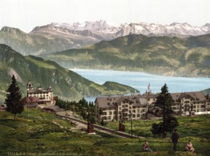 Kaltbad and the Alps, Rigi, Switzerland, Historical, digitally restored reproduction from a 19th