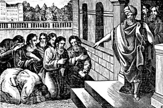 Joseph's brothers come to the land of Pharaoh in Egypt to buy grain and are thrown into prison,