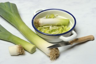 Leek, leek sticks and leek rings in a bowl