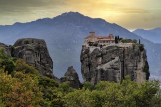 Sunset over Agia Triada Monastery, known as James Bond Monastery, Metéora Monasteries, Kalambaka,
